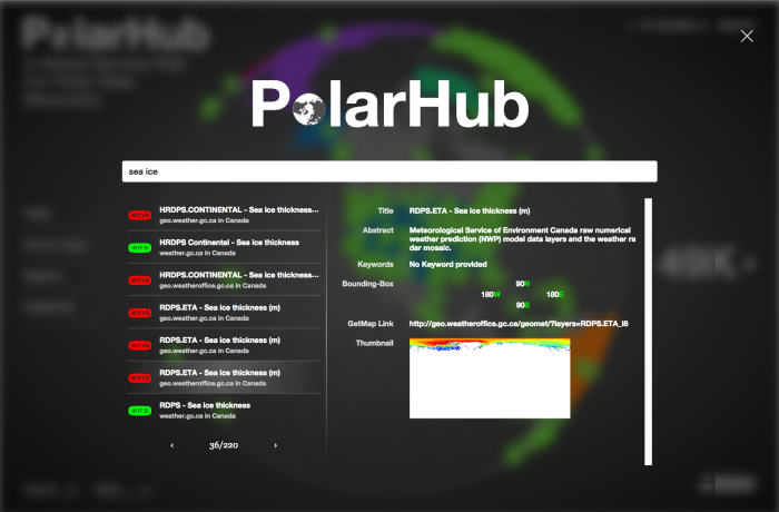 Figure 2: PolarHub 2.0 also allows a free-text search of the data in its repository. The results in the screenshot are services found using search keywords Sea Ice. The title, web host, and type of each record is displayed on the left. The table on the right shows the metadata information and a thumbnail of the sea ice thickness data named GDPS.ETA—Sea Ice Thickness (m) from a Meteorological Service of Environment Canada. Image courtesy of Wenwen Li.