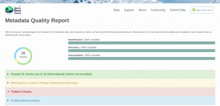 Figure 2. The NSF Arctic Data Center&#39;s enthusiasm for metadata shines in the portal&#39;s metadata quality report which performs 20+ checks to help researchers improve their metadata quality before submitting to the portal. Image courtesy of the Arctic Data Center Metadata Quality Report.