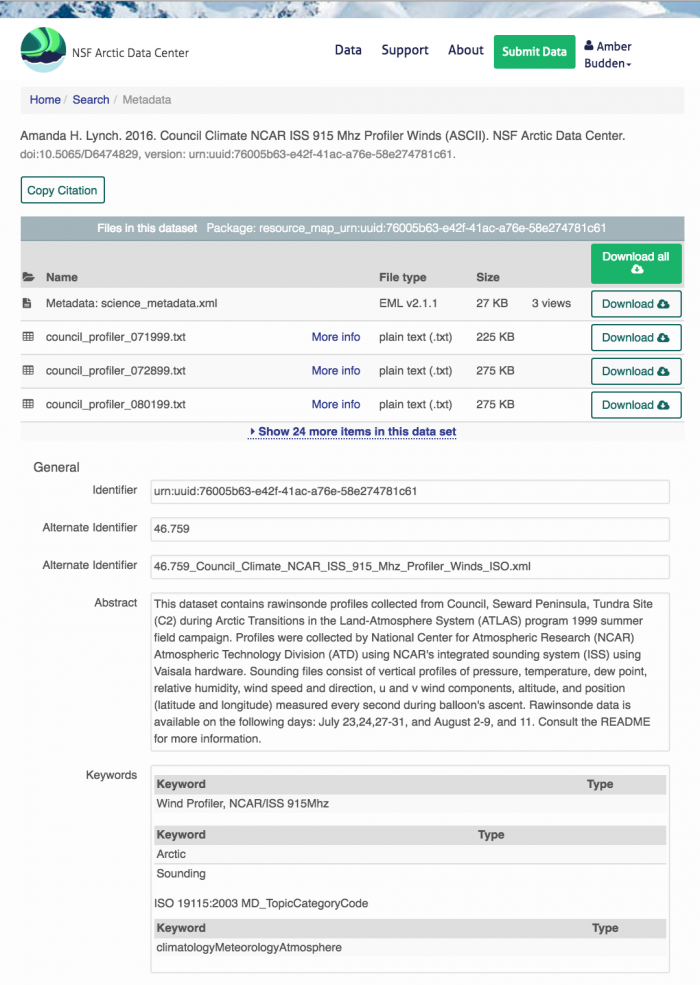 Figure 2: Example view of a metadata record describing meteorological data from Lynch 2016. Image courtesy of the Arctic Data Center.