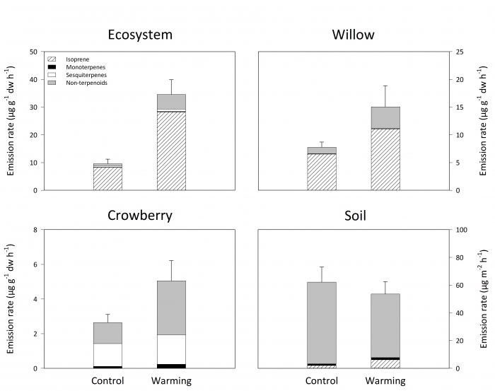 Figure 2: Release of VOCs from the control and warmed plots in the Nuuk experiment averaged over one summer of measurements. The graph shows release of VOCs in the two treatments for the whole tundra ecosystem (calculated per gram plant biomass), the two dominant plant species, and for bare soil. The bars also show the contribution by different types of VOCs: Isoprene accounts for about 50% of VOCs from nature. Monoterpenes and sesquiterpenes typically have a strong odor.