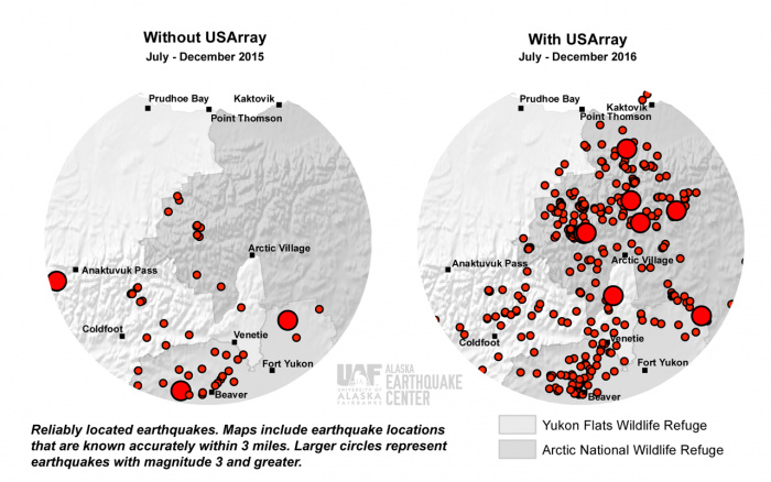 A sample of the increase of detected earthquakes on a portion of Alaska&#39;s North Slope with the expanded coverage of the TA stations, which are part of the USArray. Image courtesy of the Alaska Earthquake Center