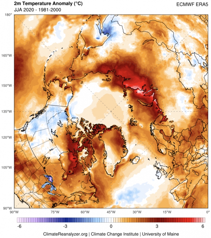 Figure 7. ERA5 2-meter air temperature anomalies for June-August 2020. Climatological period of 1981-2000 used in anomaly calculation. ERA5 data and image from Climate Reanalyzer, Climate Change Institute, University of Maine, USA.