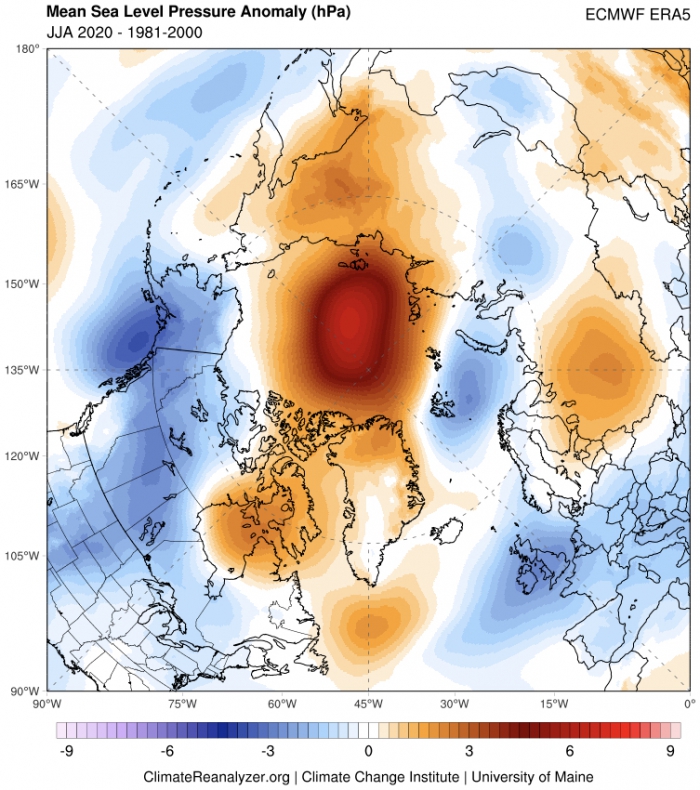 Figure 9. ERA5 Sea Level Pressure anomalies for June-August 2020. Climatological period of 1981-2000 used in anomaly calculation. Image courtesy of the Climate Reanalyzer, University of Maine. 