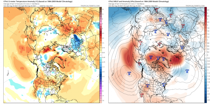 Figure 8. Forecast of September 2021 mean two-meter air temperature (left) and sea-level pressure (right) from NOAA&#39;s CFSv2 model. Red/orange shades indicate above average temperatures and blue shades represent below average temperatures. Black contour lines show actual pressures; red and blue shading denotes above- and below-normal pressures, respectively. Plots courtesy of Tropical Tidbits.