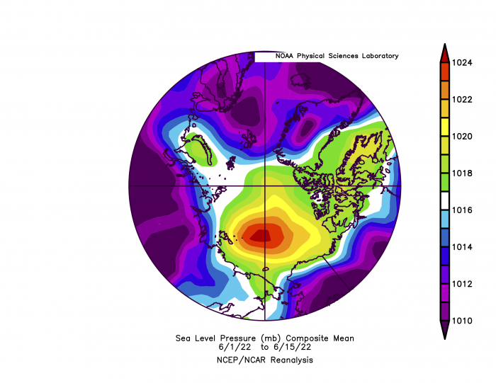 Figure 17. Sea-level pressure (SLP) averaged over 1–15 June 2022