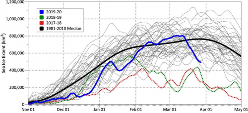 Figure 2. Bering Sea daily sea ice extent (1978/89 to 2019/20). Courtesy of the Alaska Center for Climate Assessment and Policy, UAF. (Data Source: NSIDC Sea Ice Index, Version 3; Last updated: 28 March 2020)