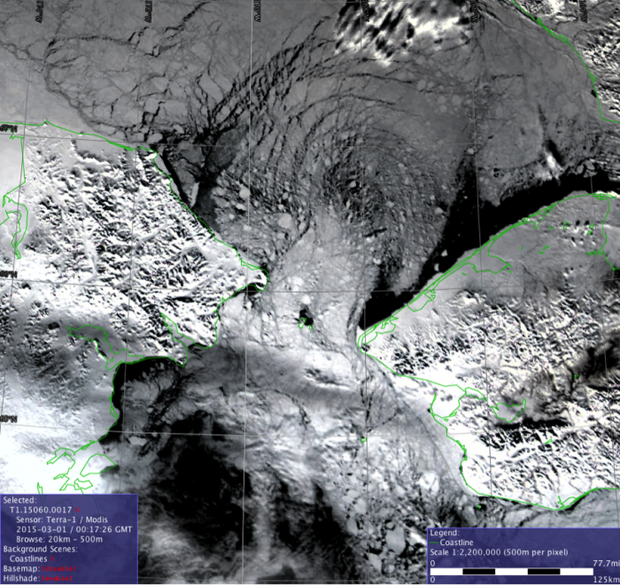 Figure 5: Ice conditions in the Bering Strait region on 28 February 2015. 