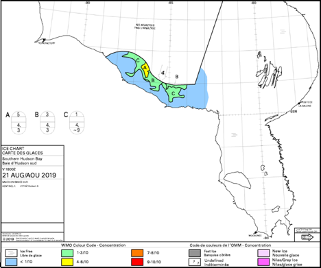 Figure 11. U.S. National Ice Center (NIC) sea ice analyses for Hudson Bay on 21 August. The ice charts are produced based on manual analysis and integration of multiple satellite imagery. Light green areas (labeled B and C) are 10—30% concentration; the yellow area (labeled A) is 40—60% concentration.